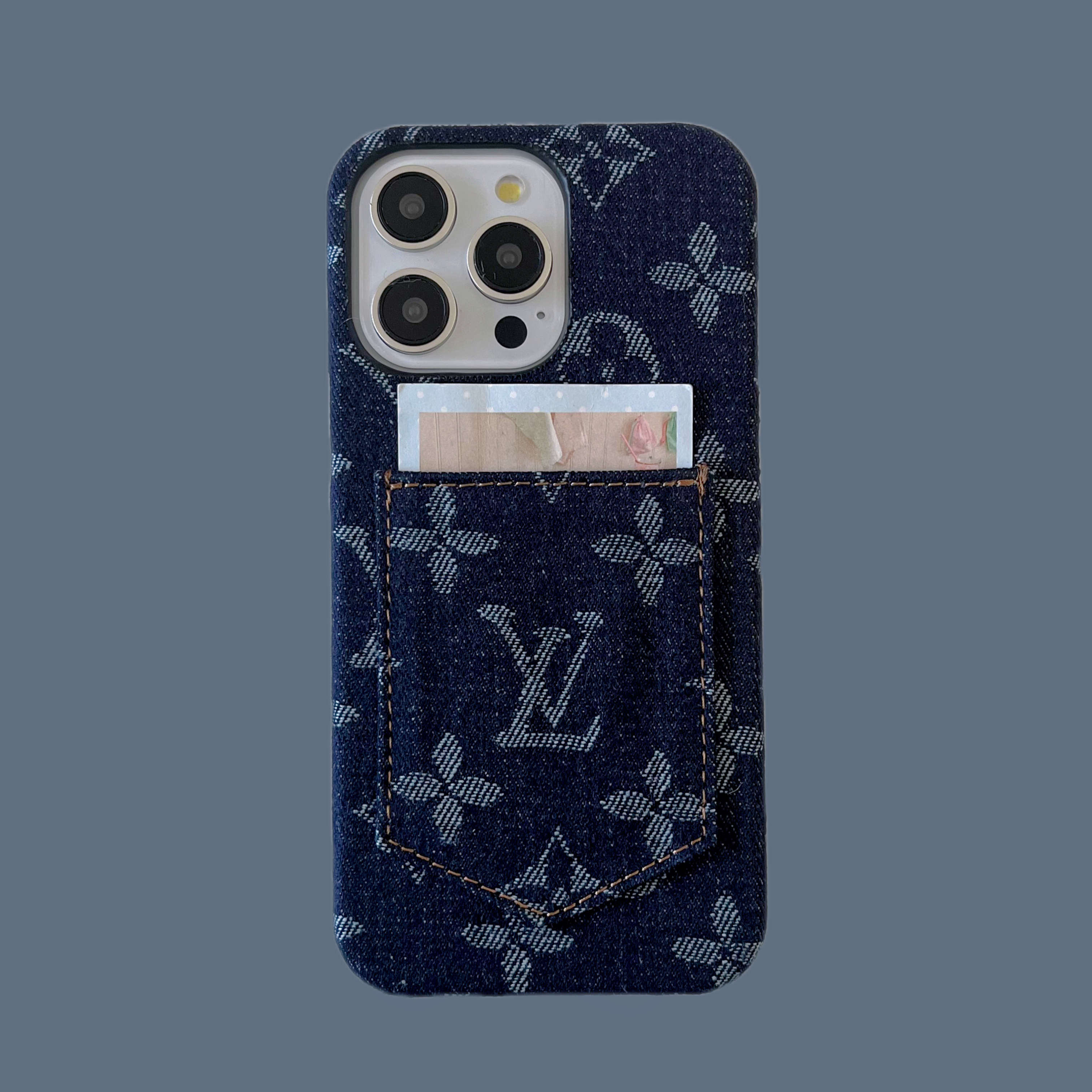 Denim Canvas LV Back Card Slot Apple iPhone Case