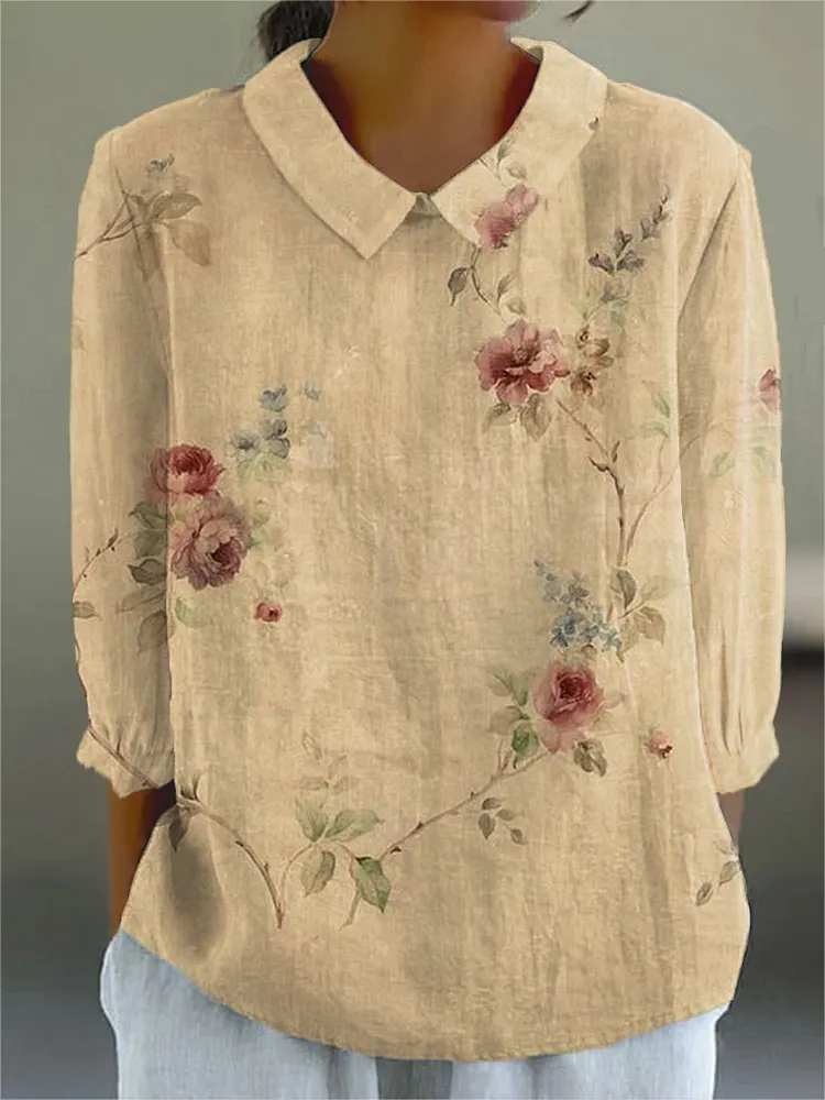 Women's Vintage Floral Art Print Casual Cotton And Linen 3/4 Sleeve Shirt
