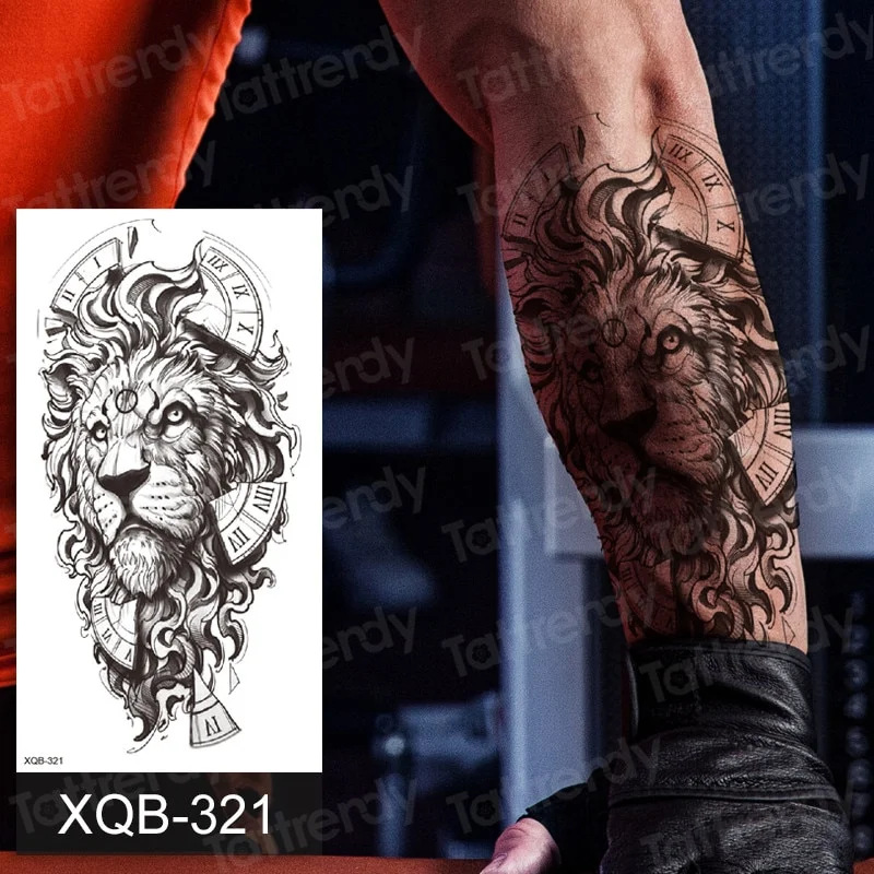 Sdrawing Temporary Tattoo Sticker Wolf Tiger Skull Lion Tattoos Black 3D Clock Forest Body Art Arm Fake Sleeve Tatoo Women Men