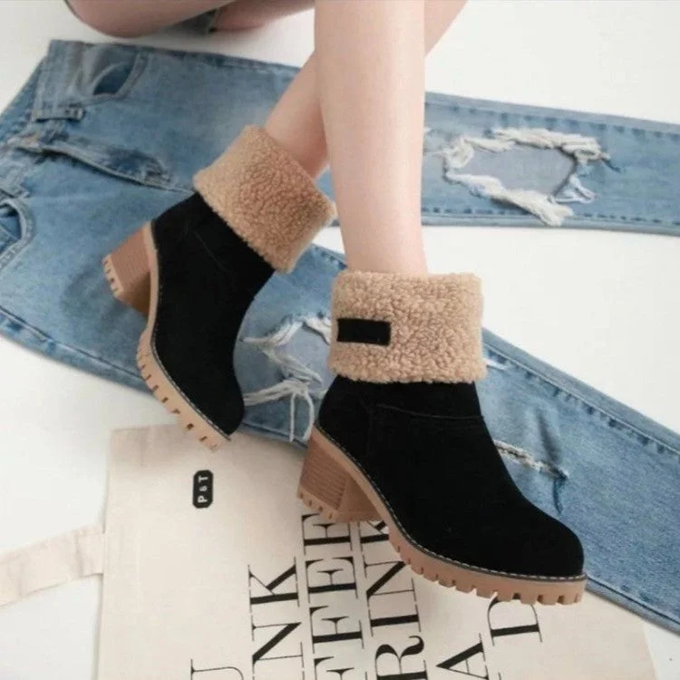 Winter Womens Black Beige Plush Lining Shoes Ankle Boots Med Heel Chunky Heels Shoes Warm Boot Metal Decoration Boots for Women