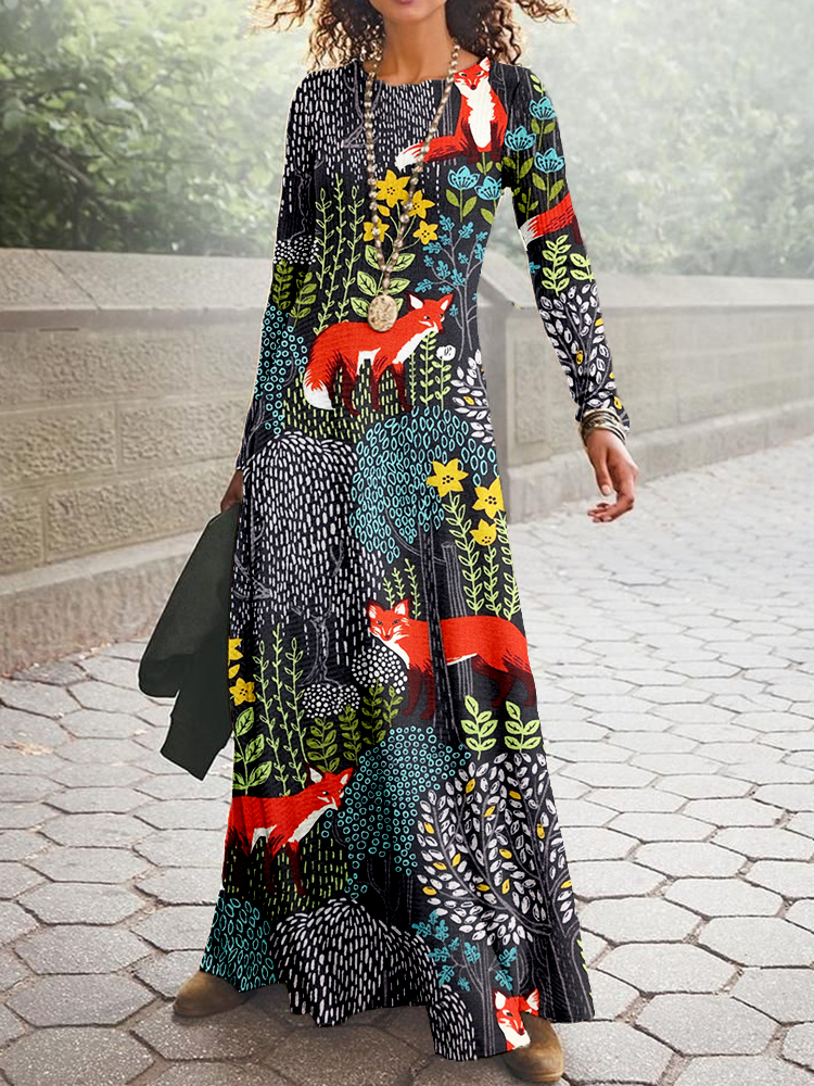 Fox in the Forest Graphic Vintage Cozy Maxi Dress artswardrobe