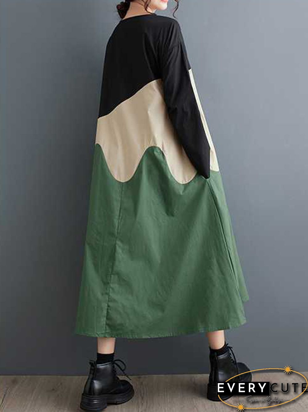 A-Line Long Sleeves Contrast Color Round-Neck Midi Dresses