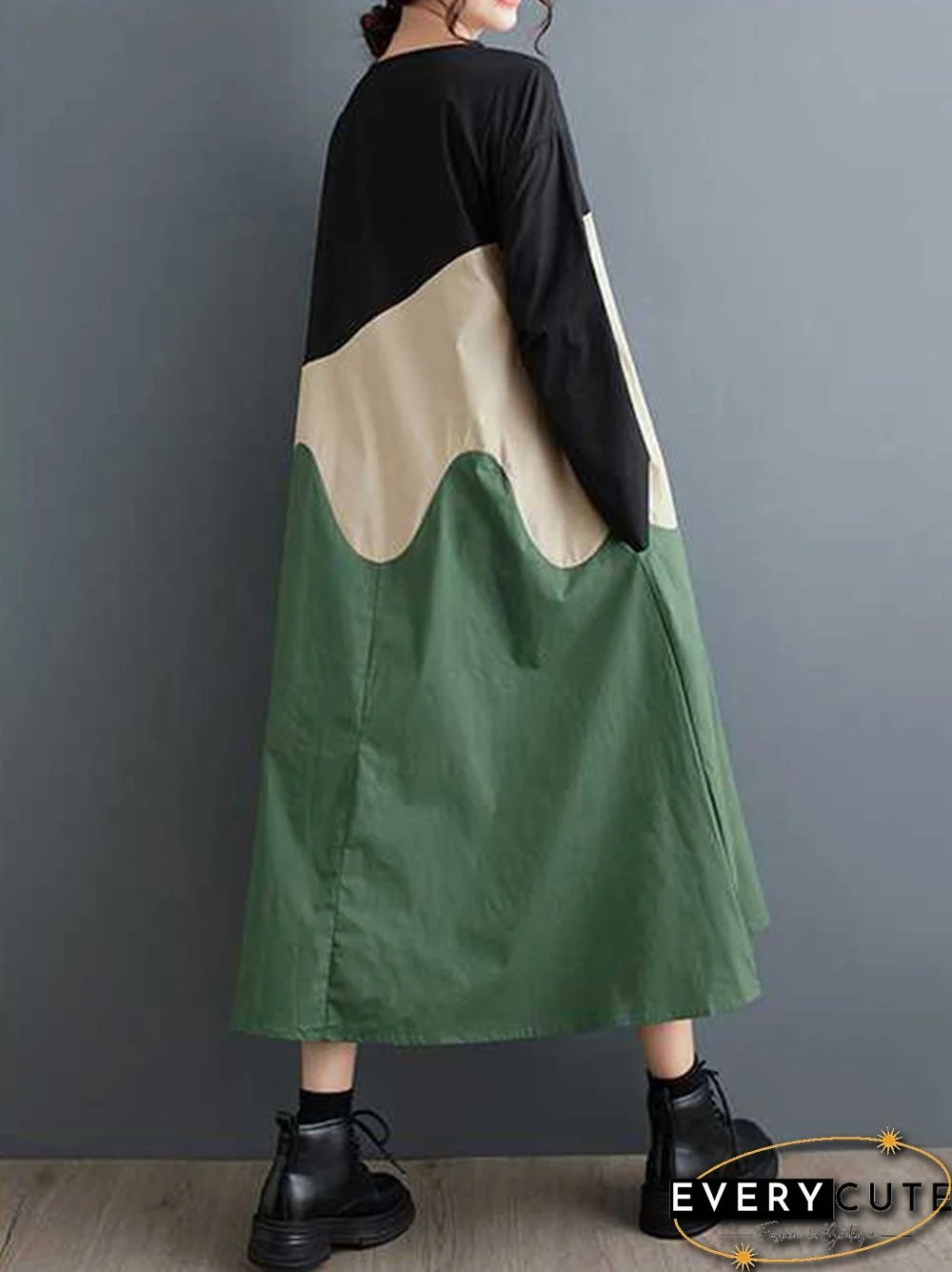 A-Line Long Sleeves Contrast Color Round-Neck Midi Dresses