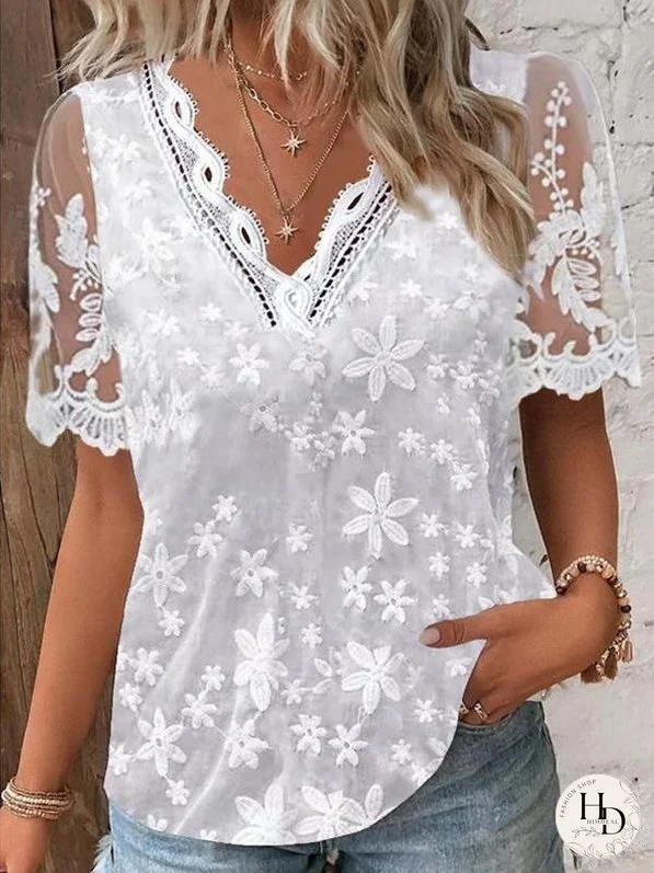Embroidered Lace V-neck Lace Short-sleeved Pullover Shirt
