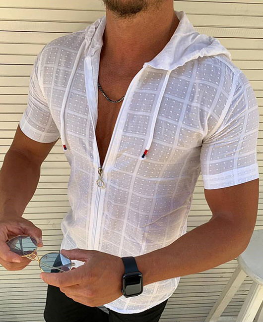 Casual Plain Zipper Short Sleeve Hooded Slim Fit Shirt