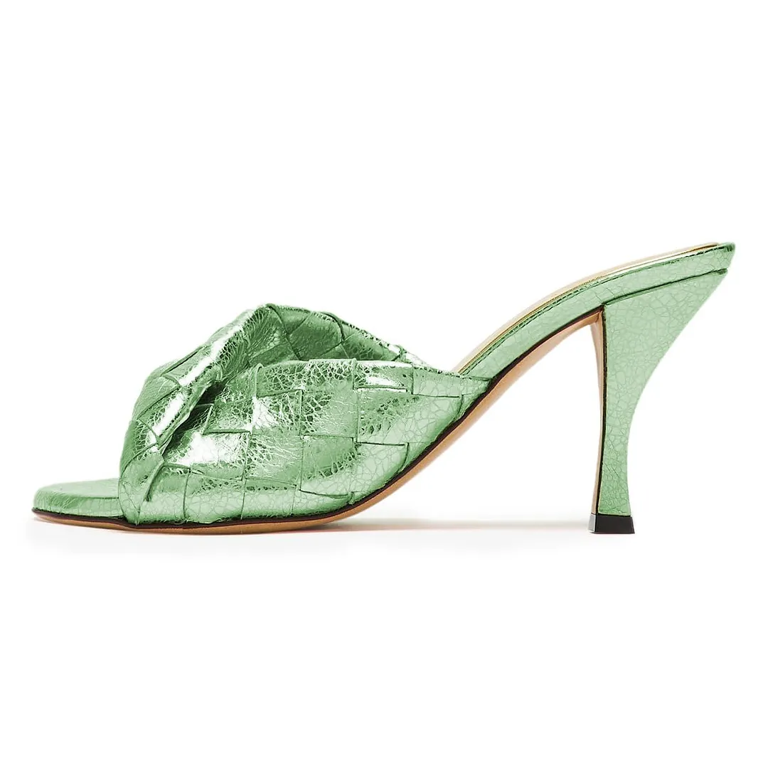 Mint Green Cracked Vegan Leather Woven Spool Heel Mules for Women