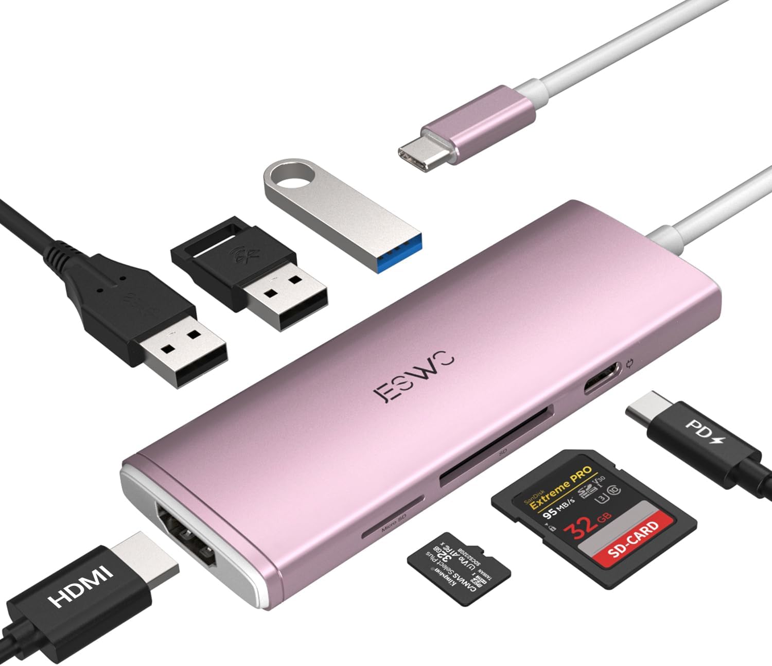 JESWO USB C Hub , 7-in-1 USB C adapter to HDMI 4K, USB 3.0, 2 * USB 2.0, card reader SD/TF, USB C 100W PD charging, MacBook C-type adapter, MacBook Pro, MacBook Air, Surface, etc.