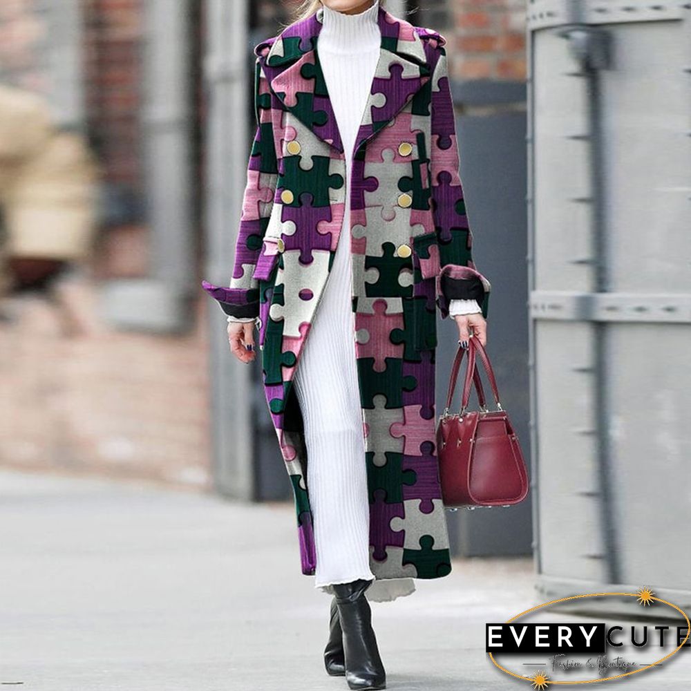 Vintage Pattern Printed Long Coat Women Autumn Casual Long Sleeve Lapel Cardigan Coat Ladies Fashion Loose Pocket Woolen Coats