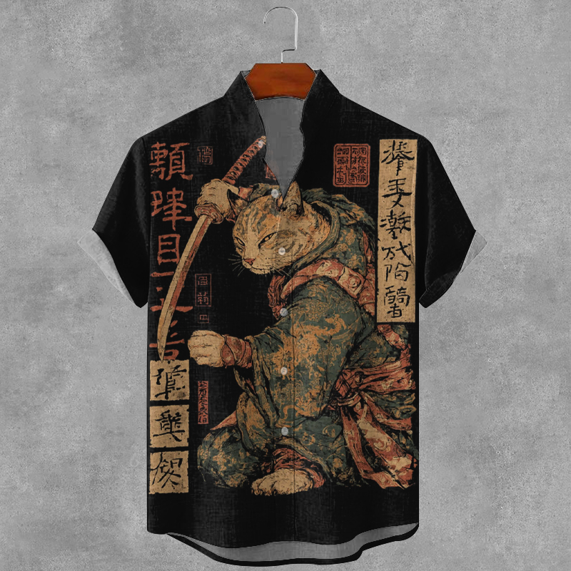 Men's Vintage Japanese Samurai Cat Print Short Sleeve Shirt elevenforest