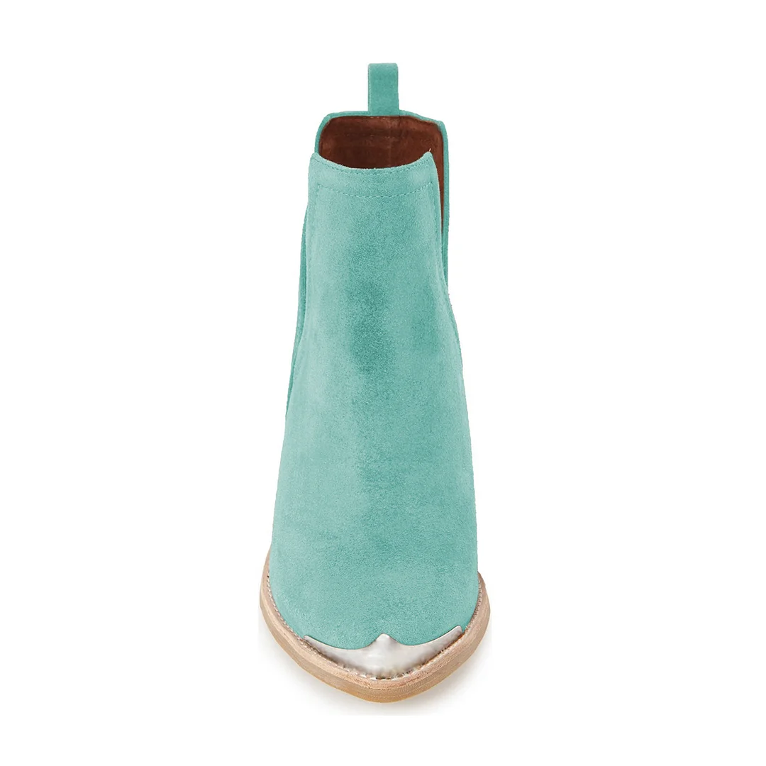 Turquoise Faux Suede Metallic Pointed Toe Ankle Boots with Block Heel