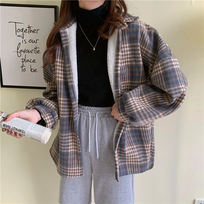Zoki Warm Women Plaid Shirt Winter Thick Velvet Lining Loose Long Sleeve Ladies Blouse Turn Down Collar Vintage Blusas De Mujer