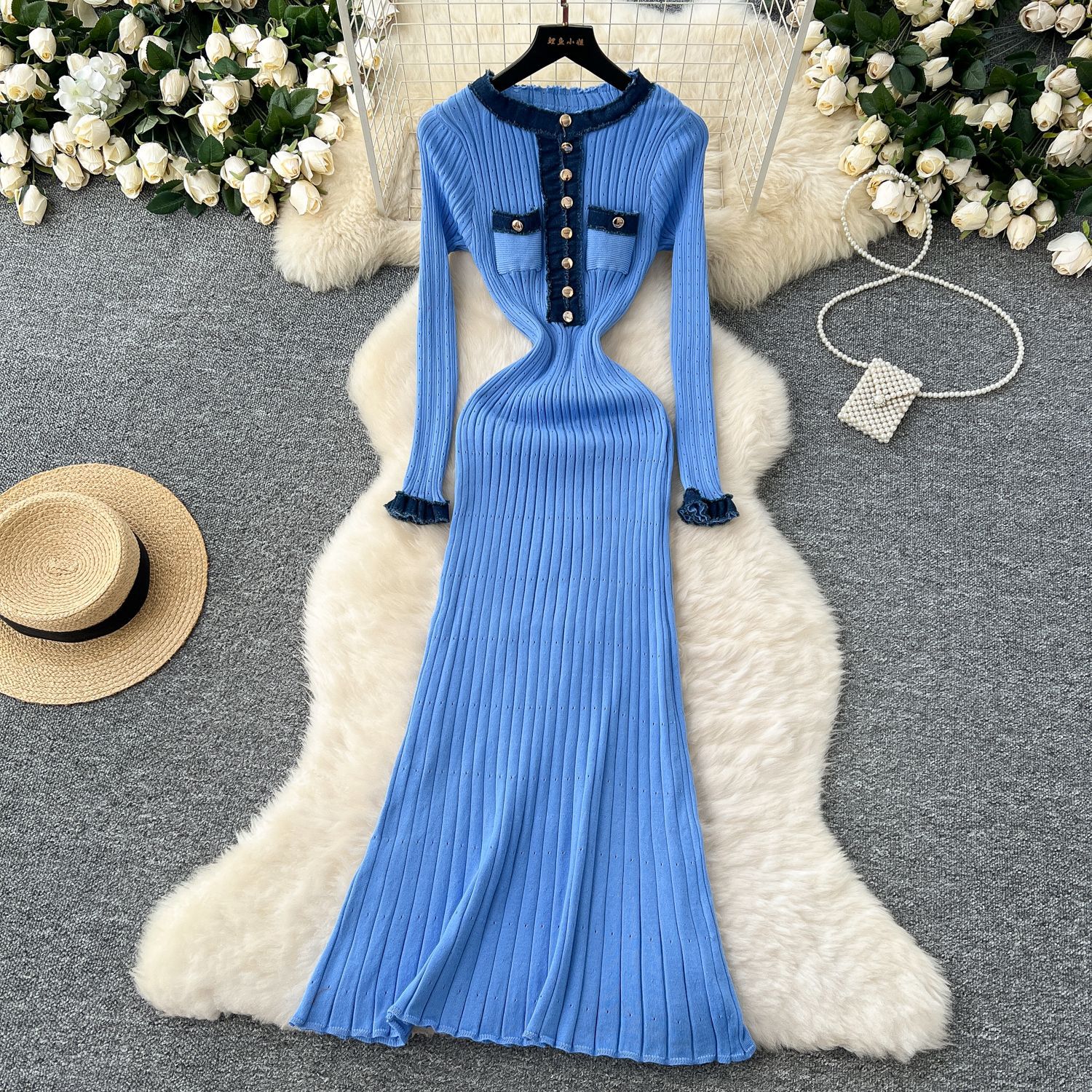 Kanonion Long Dress Women Dresses Knitted Bodycon Vestidos Streetwear Round Neck High Waist Elegant Button Y2k Party Club Slim Fit White