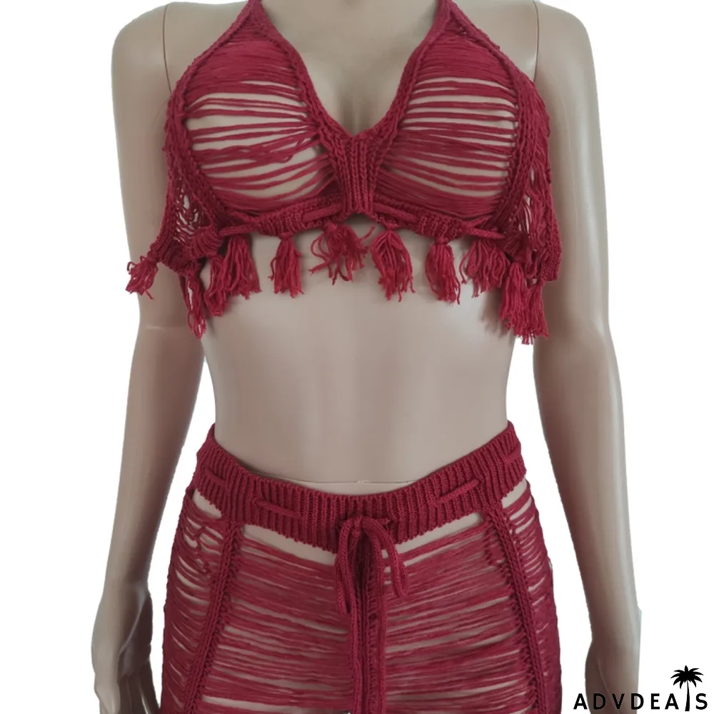 Autumn Sexy Red Knit Hollow Out Tassel Bra and Pants Set