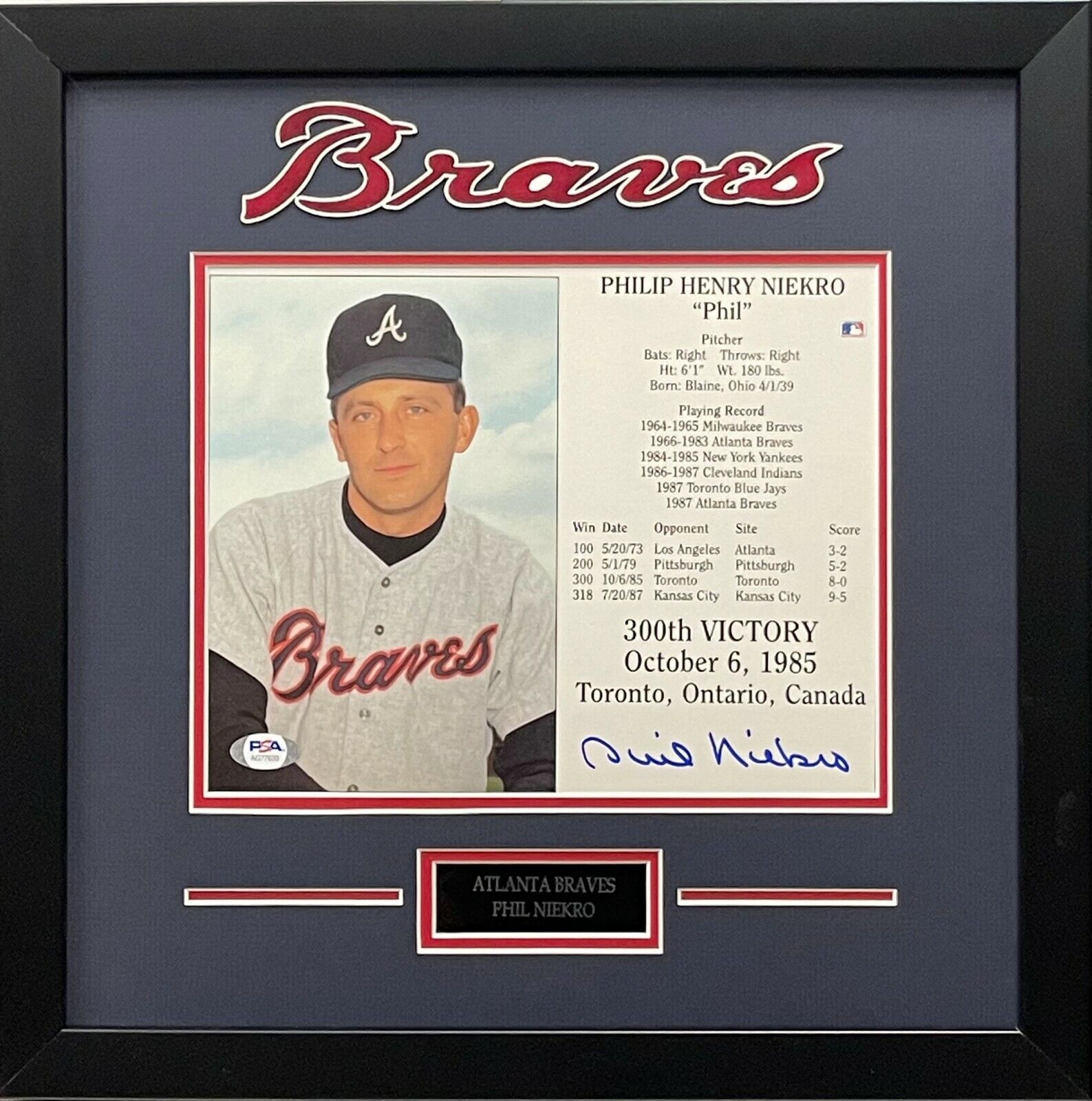 Philip Niekro autographed signed framed 8x10 Photo Poster painting MLB Atlanta Braves PSA COA