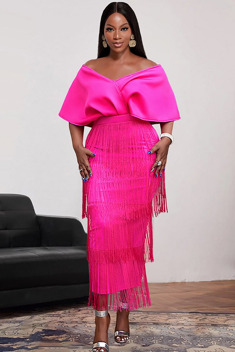 Off Shoulder Bow V Neck Fringed Cocktail Party Midi Dress