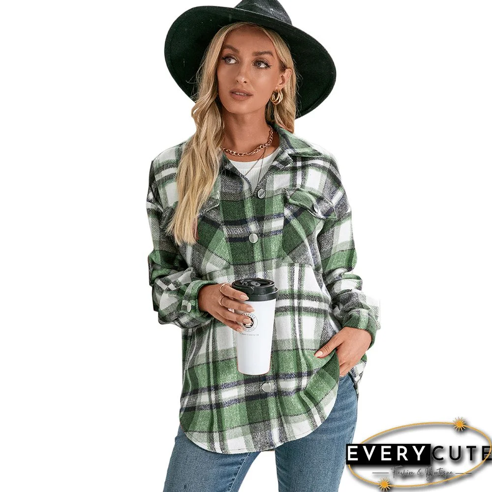 Green Plaid Print Cashmere Long Sleeve Shirt Jacket