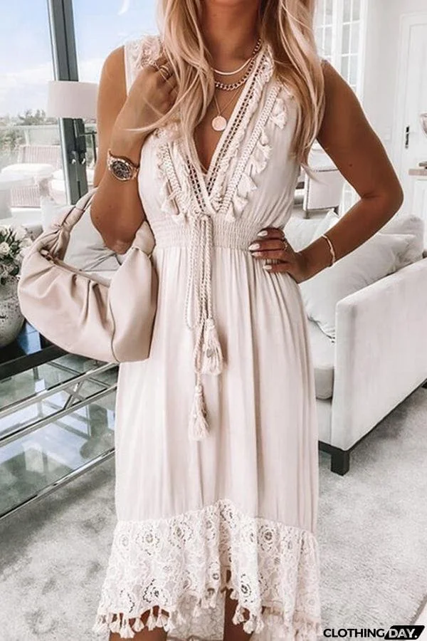Solid Color V-neck Mid-waist Pullover Lace Lace Waist Dress