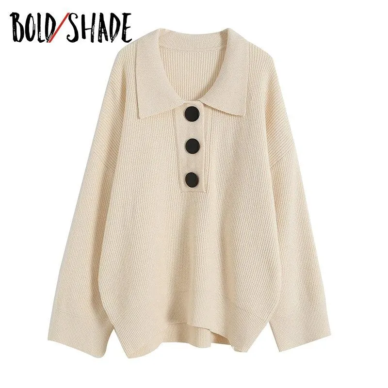 Bold Shade Oversized Button Long Sleeve Knitted Beige Pullover Sweaters Streetwear 2000s Vintage Trun-down Collar Jumpers Indie