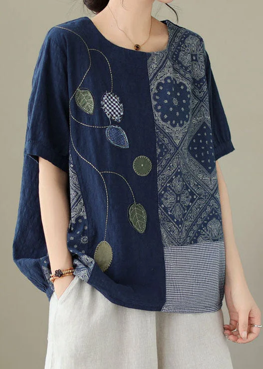 Vintage Navy Embroideried Print Patchwork Cotton T Shirt Tops Summer