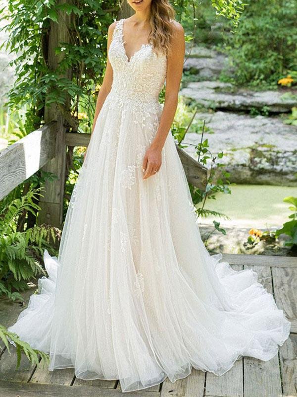 Tulle Lace Sleeveless Beach Wedding Dress | Ballbellas Ballbellas