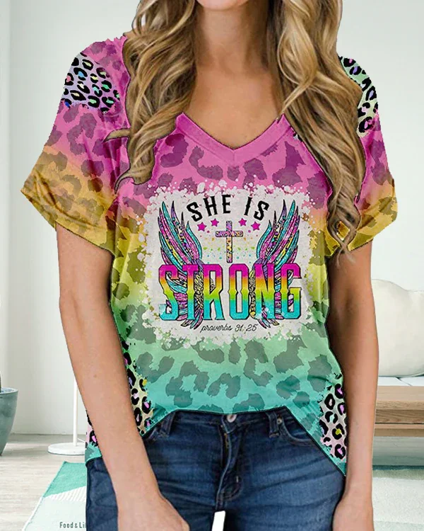 She Is Strong Leoprad V-Neck Print Short Sleeve T-shirt