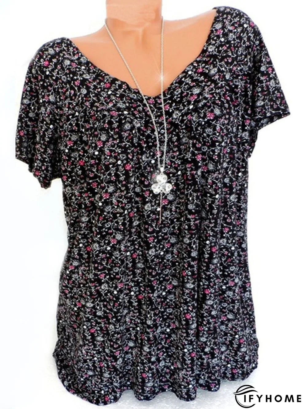Casual V Neck Floral Short Sleeve Top | IFYHOME