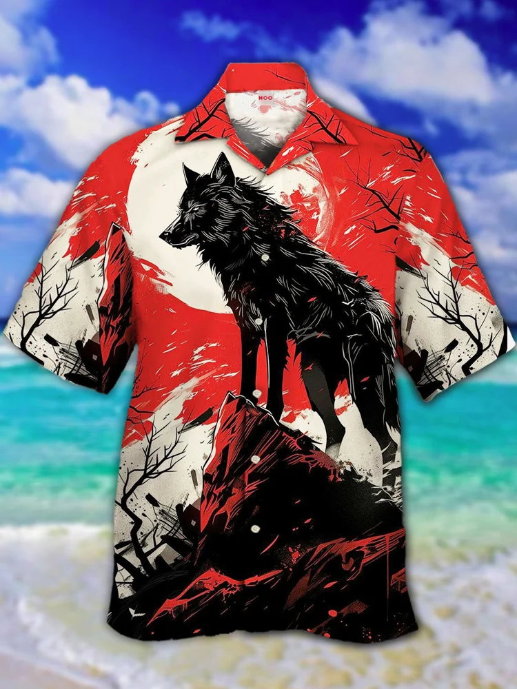 Eye-Catching Ukiyoe Black Wolf Painting Printing Cuban Collar Hawaiian Short Sleeve Shirt BestDVibe