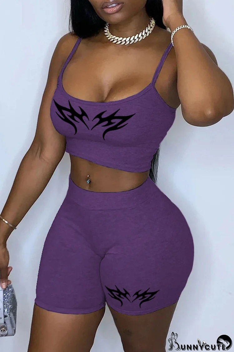 Light Purple Sexy Casual Print Backless Spaghetti Strap Sleeveless Two Pieces