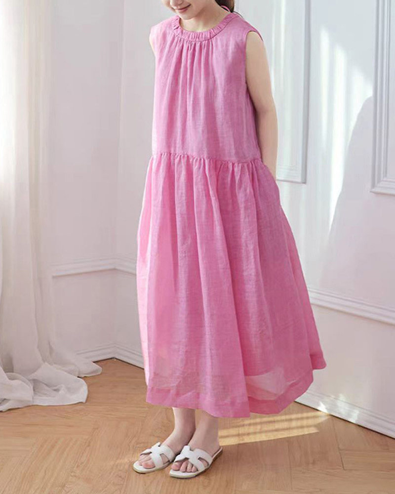 Round Neck Sleeveless Linen Loose Midi Dress