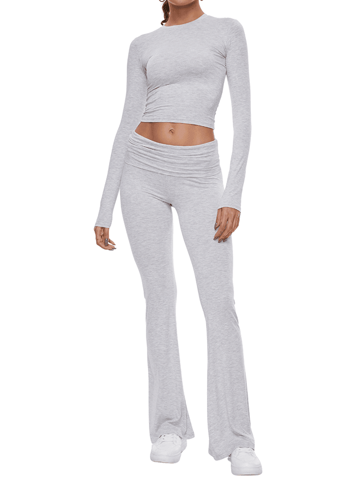Toloer Long Sleeve Cropped Top Fold-over Flare Pants Set-Outfit Ideas