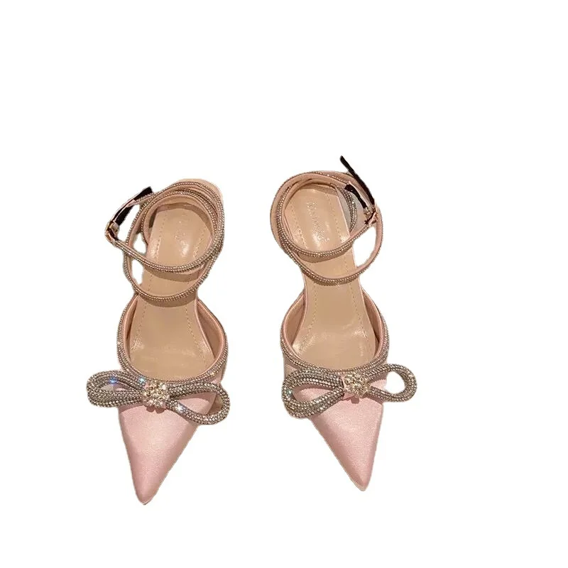 Yyvonne New Fashion Pointy Bow Water Drill High Heels Silk Stumbling Buckle Fine Women Sandals French