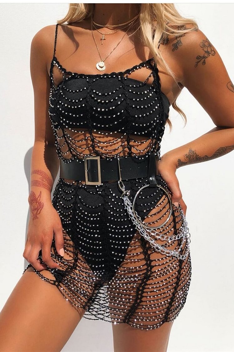 Solid Gridding Cami Chain Hook Hollow Nails Sleeveless Rave Dress