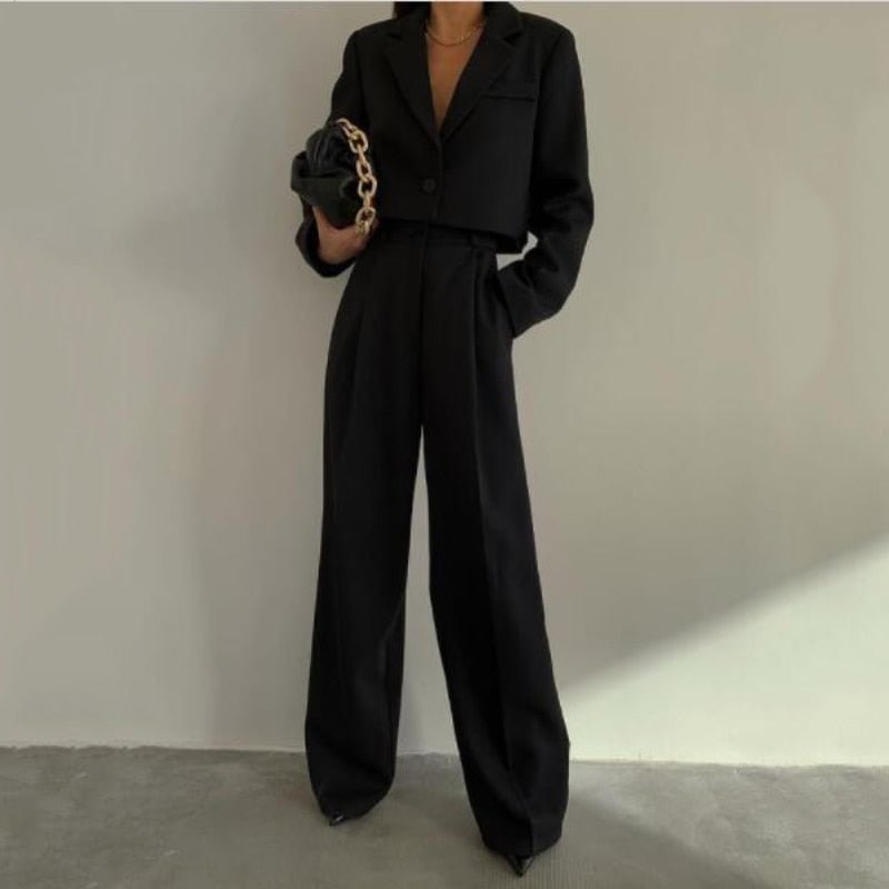 Msfancy Pant Suits Women 2022 Fashion Single Button Crop Blazer High Waist Wide Leg Trousers Fall Mujer 2 Piece Set Outfits 412-3