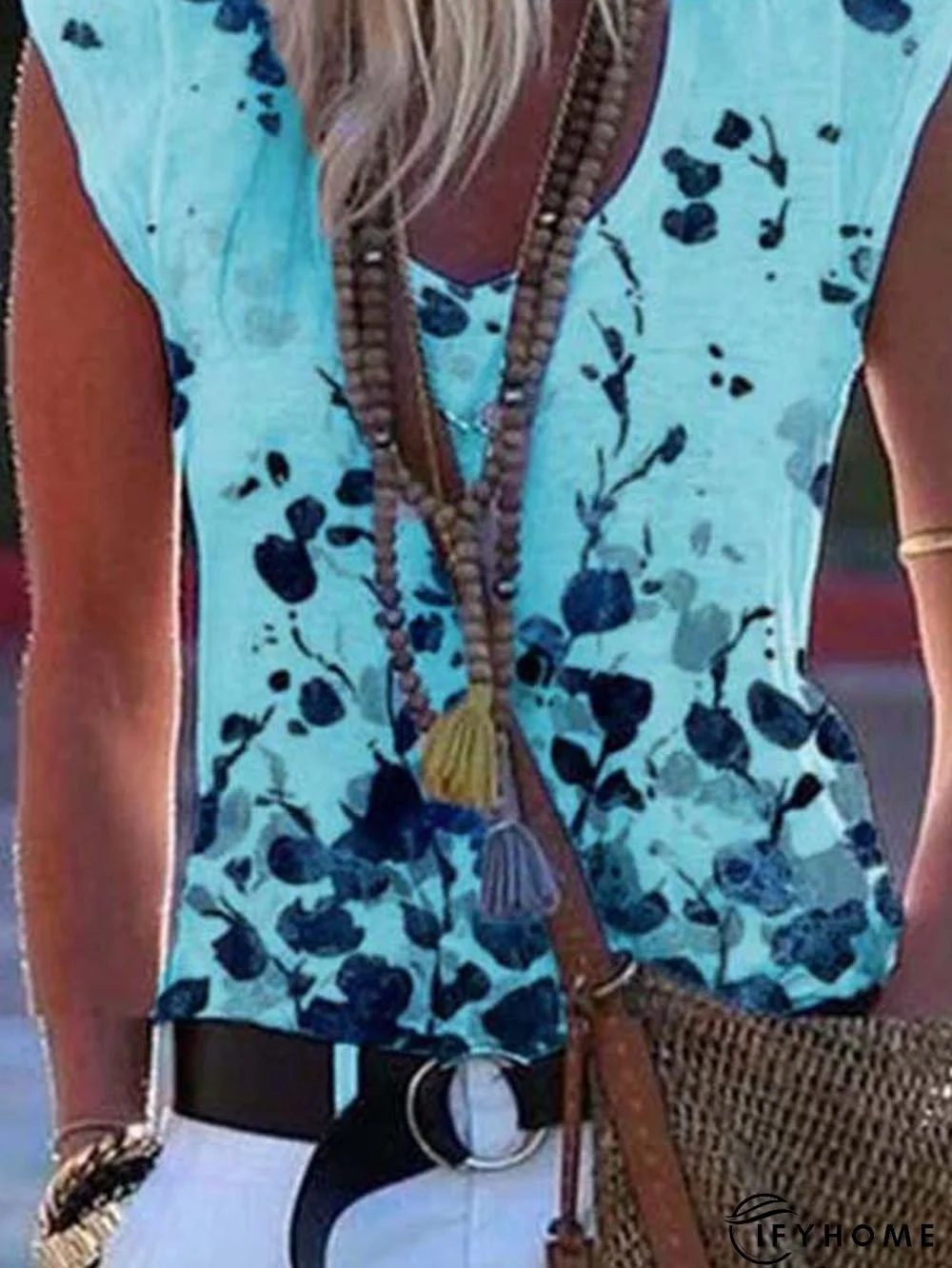 Floral-Print Cotton-Blend Casual V Neck Shirts & Tops | IFYHOME