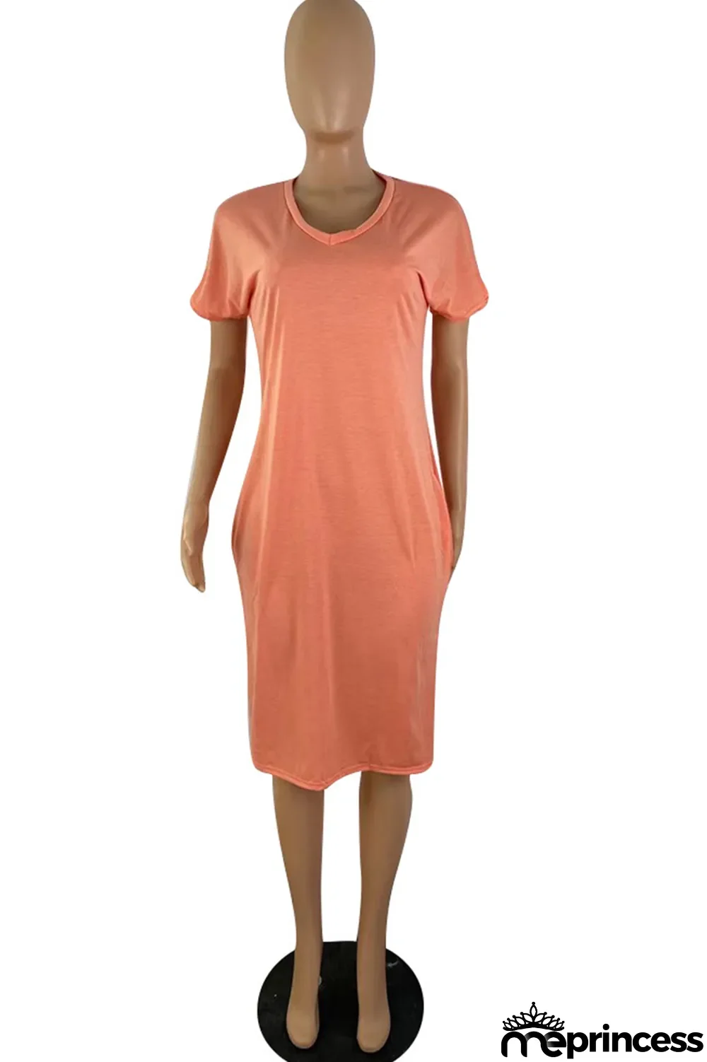 Orange Fashion Casual Solid Basic V Neck Short Sleeve Dress