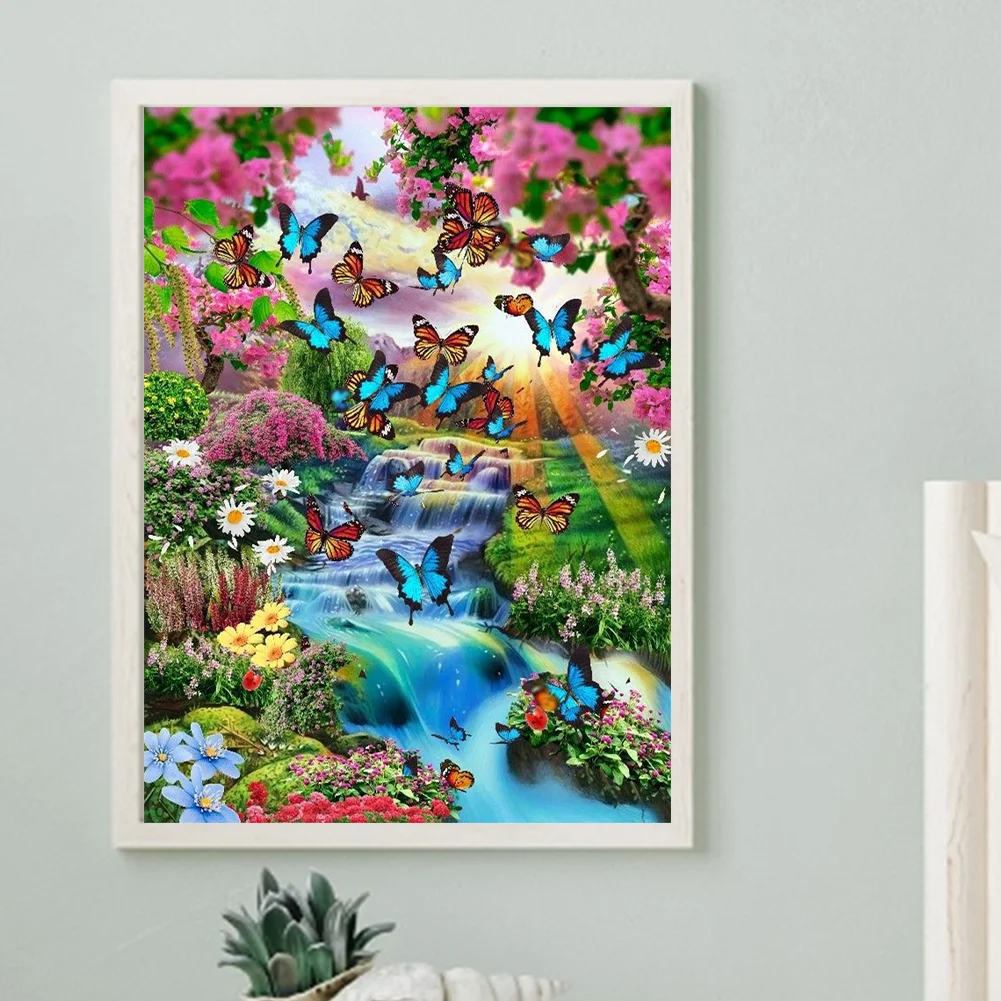 Diamond Painting - Full Round Drill - Flower Butterfly Waterfall(30*40cm)