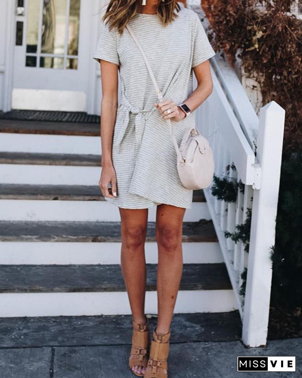 Striped Tied Waist Casual Mini Dress P15612