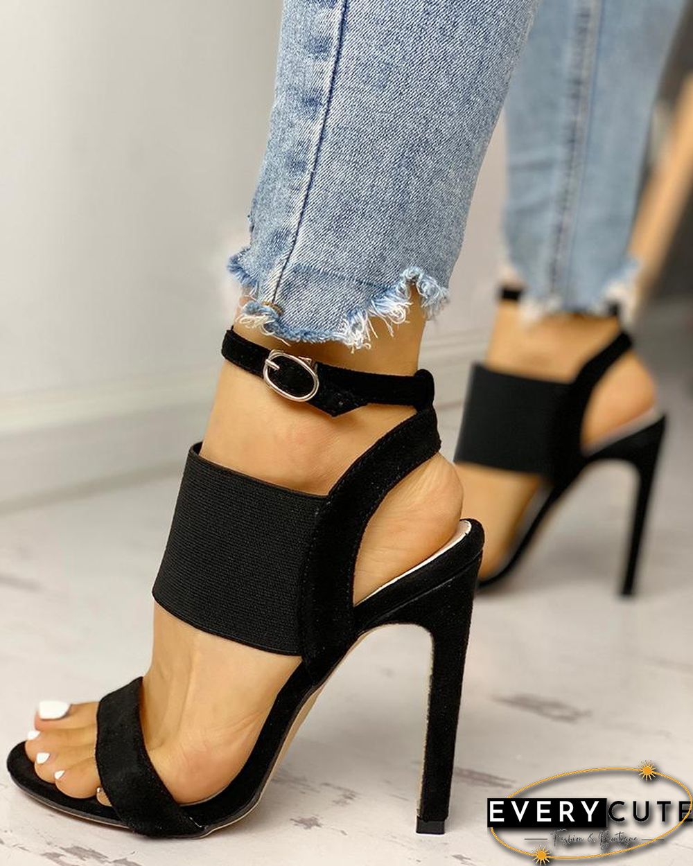Open Toe Elastic Strap Heeled Sandals