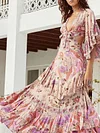 Sexy V-neck Mandarin Sleeve Floral Printed Maxi Dress