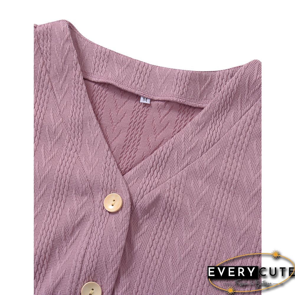 Pink Purple V Neck Jacquard Button Knit Cardigan