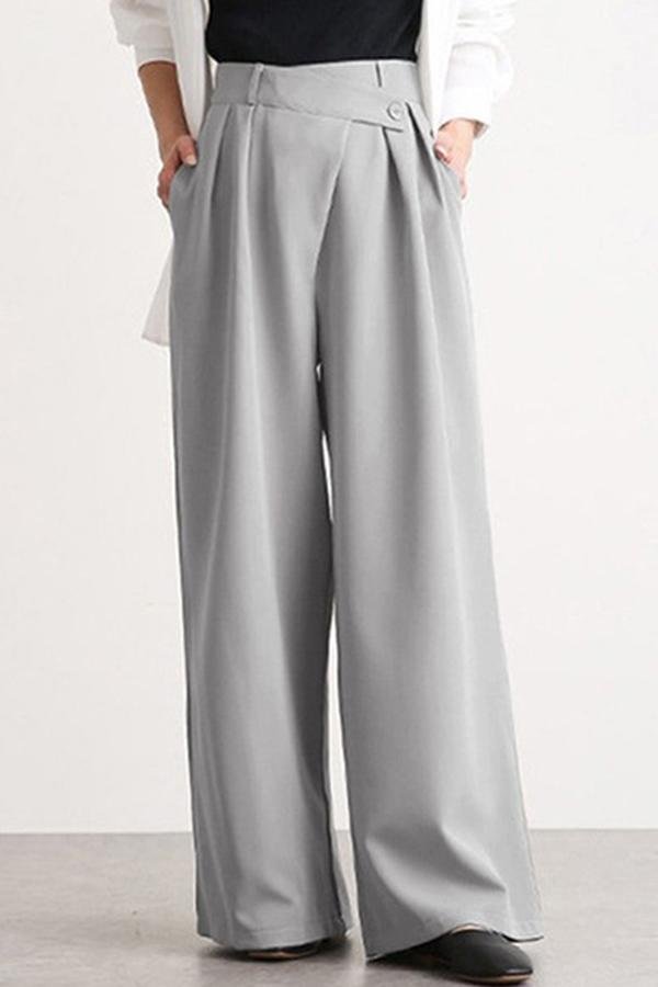 Casual Solid Irregular Waist Pleated Buttoned Side Pockets Long Wide Leg Pants-luchamp:luchamp