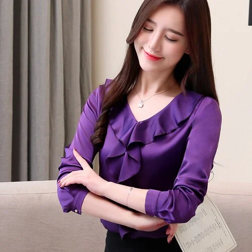 Fashion Womens Tops And Blouses Solid Chiffon Blouse Shirt V Collar Office Blouse Women Long Sleeve Women Shirts A913