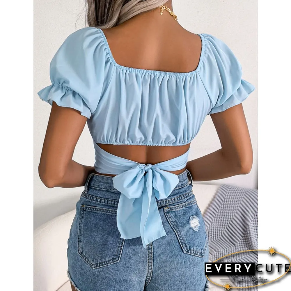 Light Blue Back Lace-up Slim Waist Chiffon Crop Tops