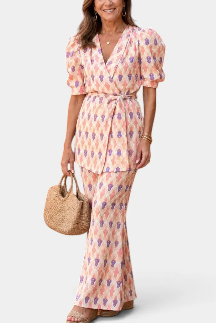 Geometric Print Wrap Top with Wide-Leg Trousers