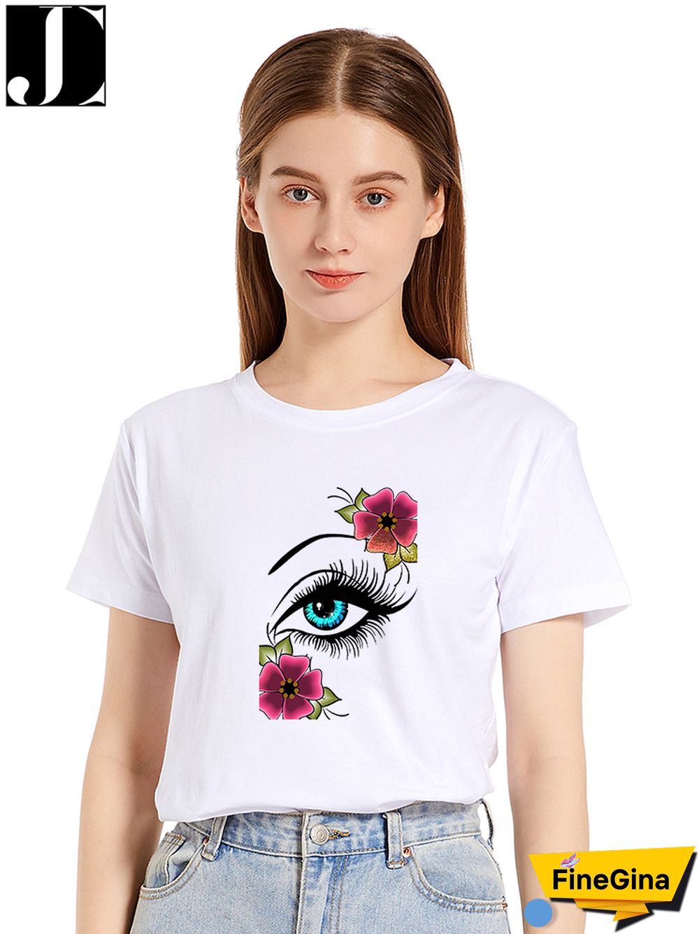 Casual Summer Daily T-shirt Women 100% Cotton Short Sleeve Rose Eye Print Female Graphic Fashion T Shirt Ladies O-Neck Tees Tops