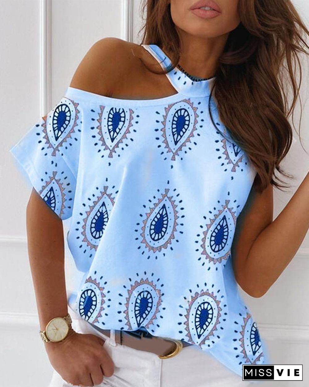 Paisley Print Cold Shoulder Casual T-shirt P13842