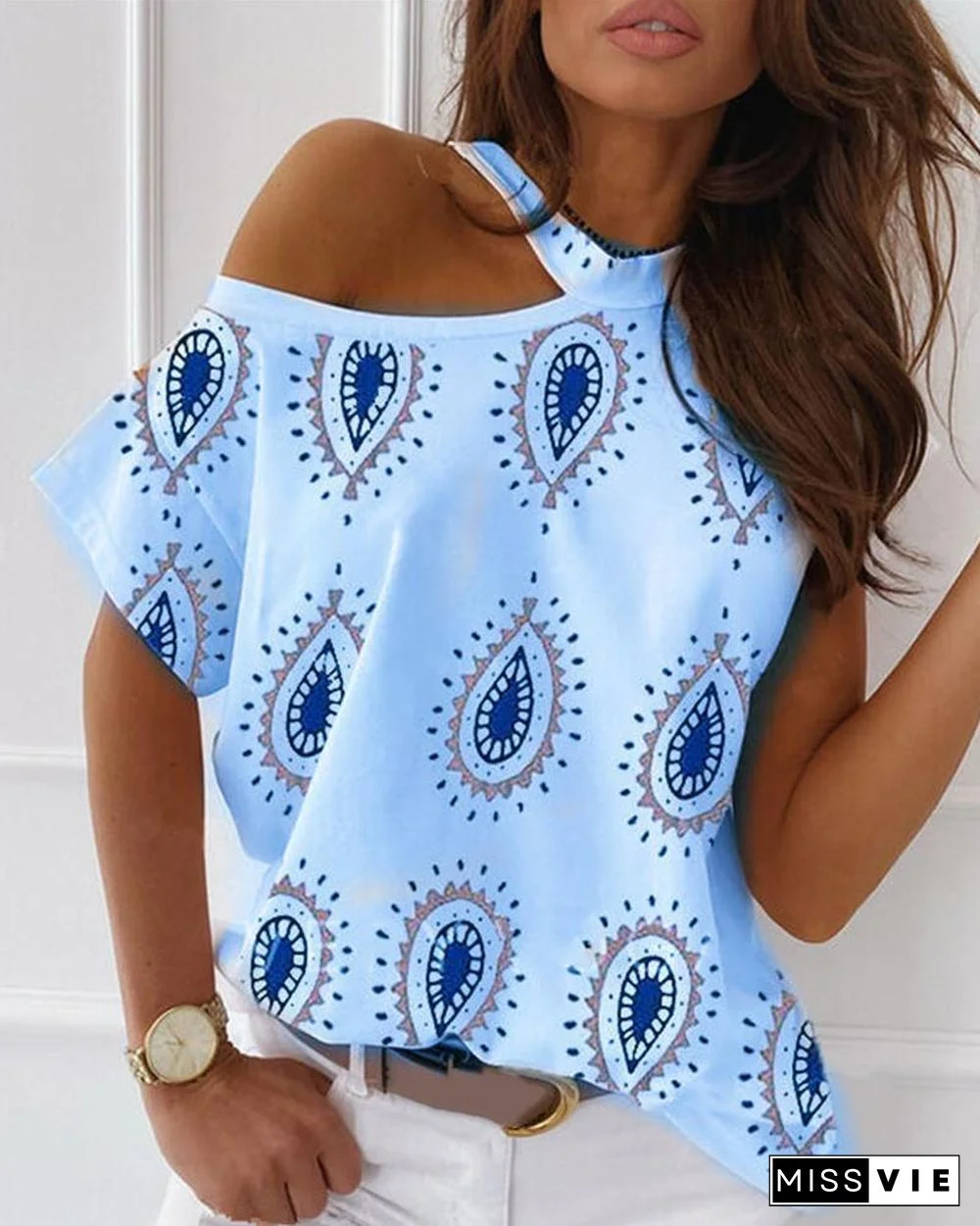 Paisley Print Cold Shoulder Casual T-shirt P13842