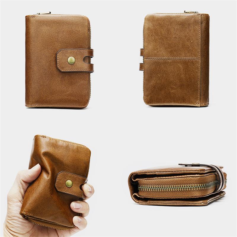 Genuine Leather Retro Multiple Compartment Card Slot Zip Closure Mini Wallet