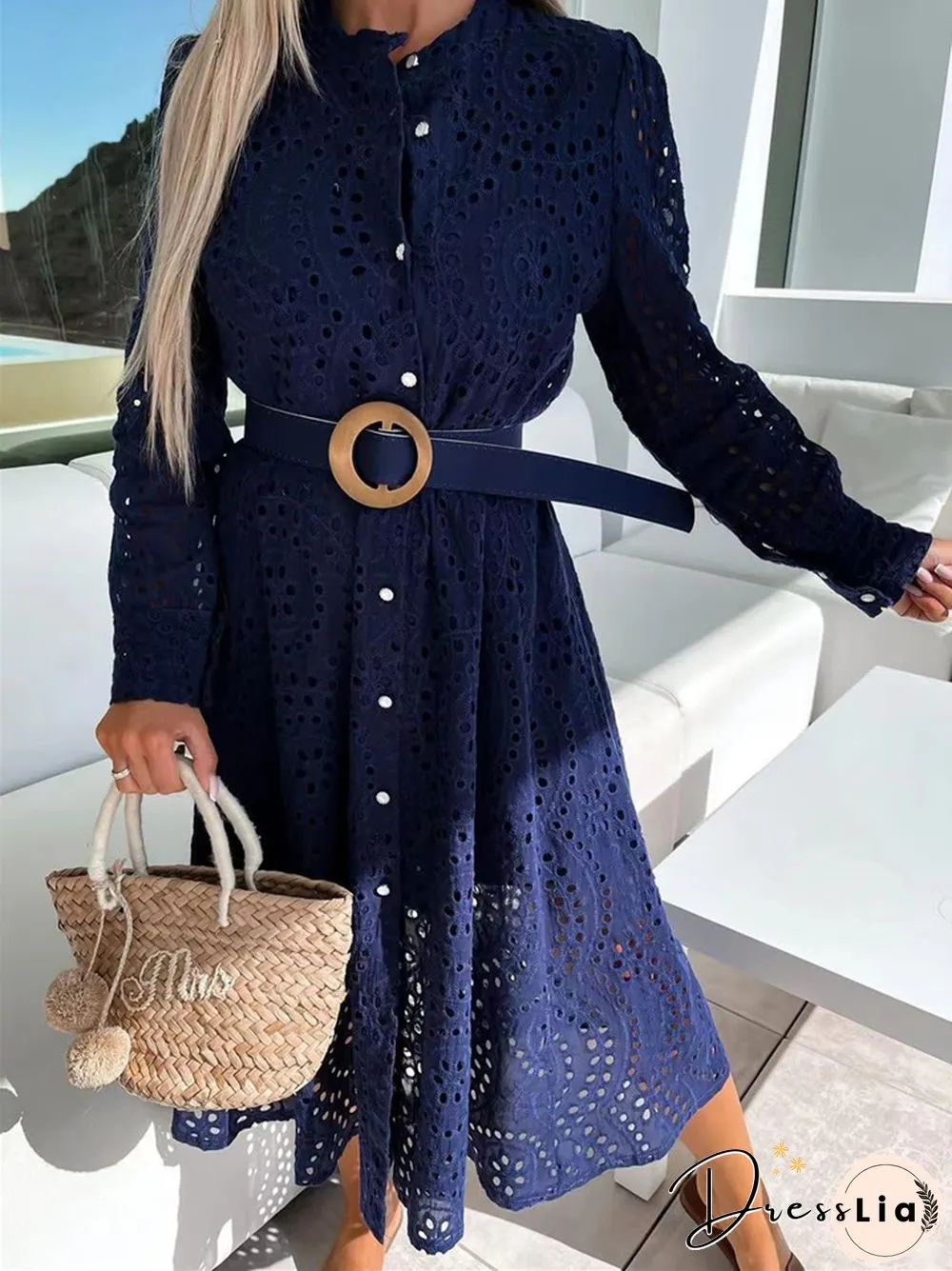 Casual Lace Round Neck Belt Long Dress Women White Dresses