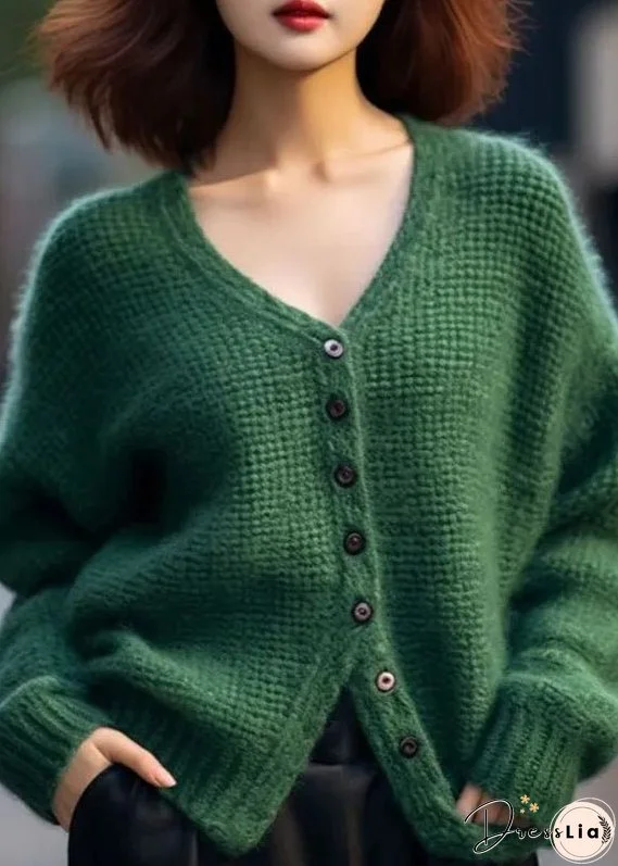 Loose Green V Neck Button Patchwork Cotton Knit Top Spring